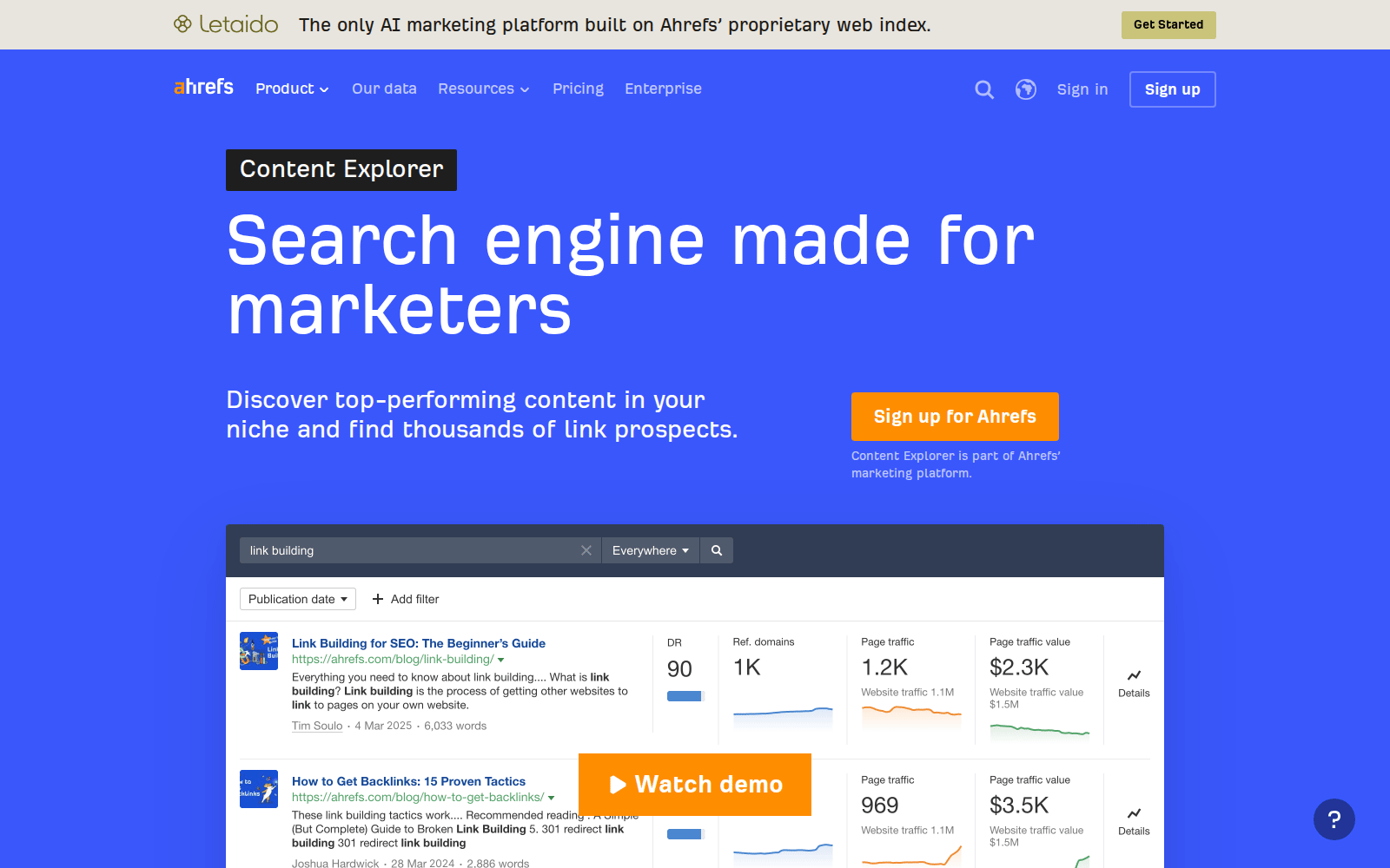 Ahrefs Content Explorer product page
