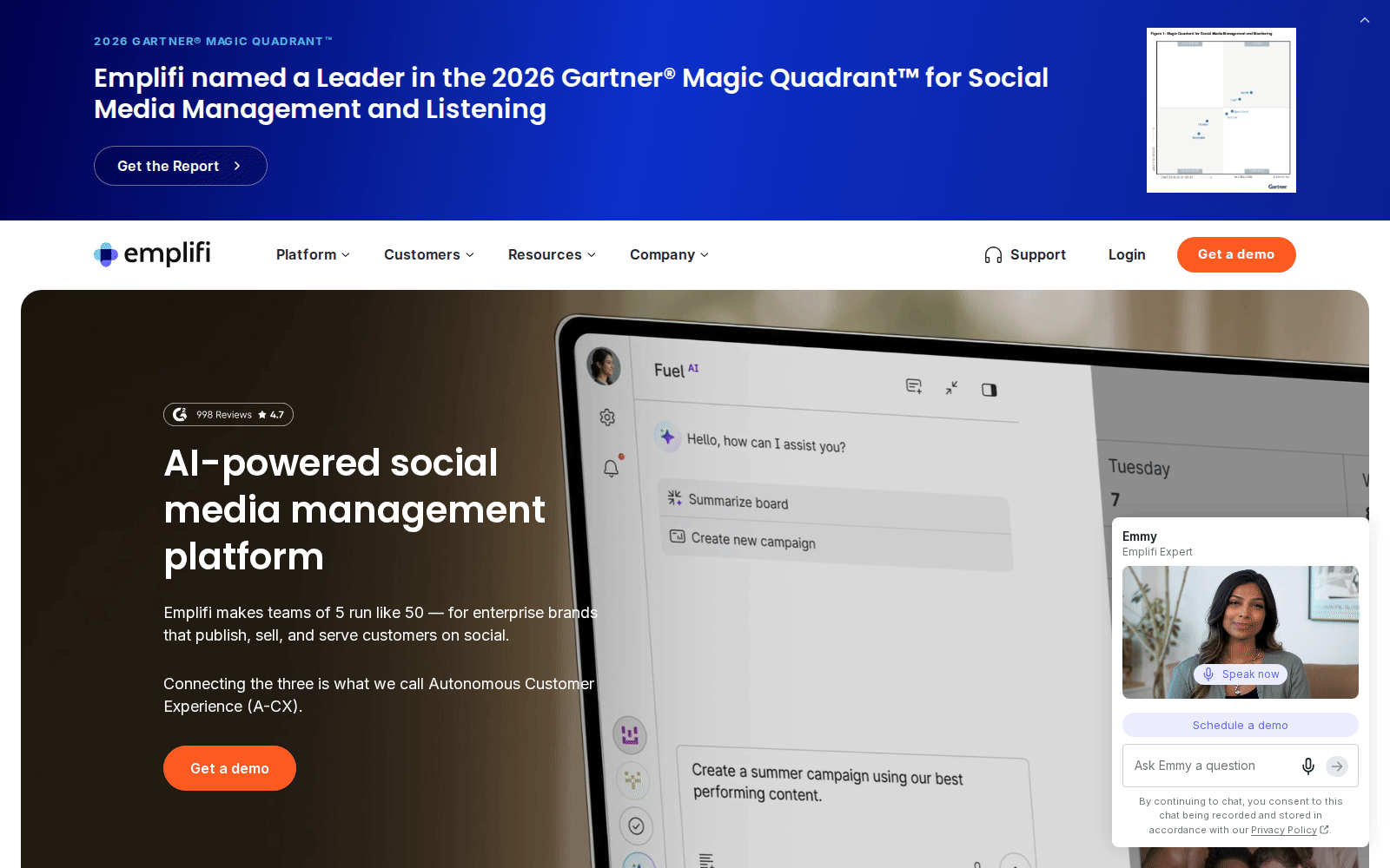 Emplifi homepage: AI-powered social media management platform