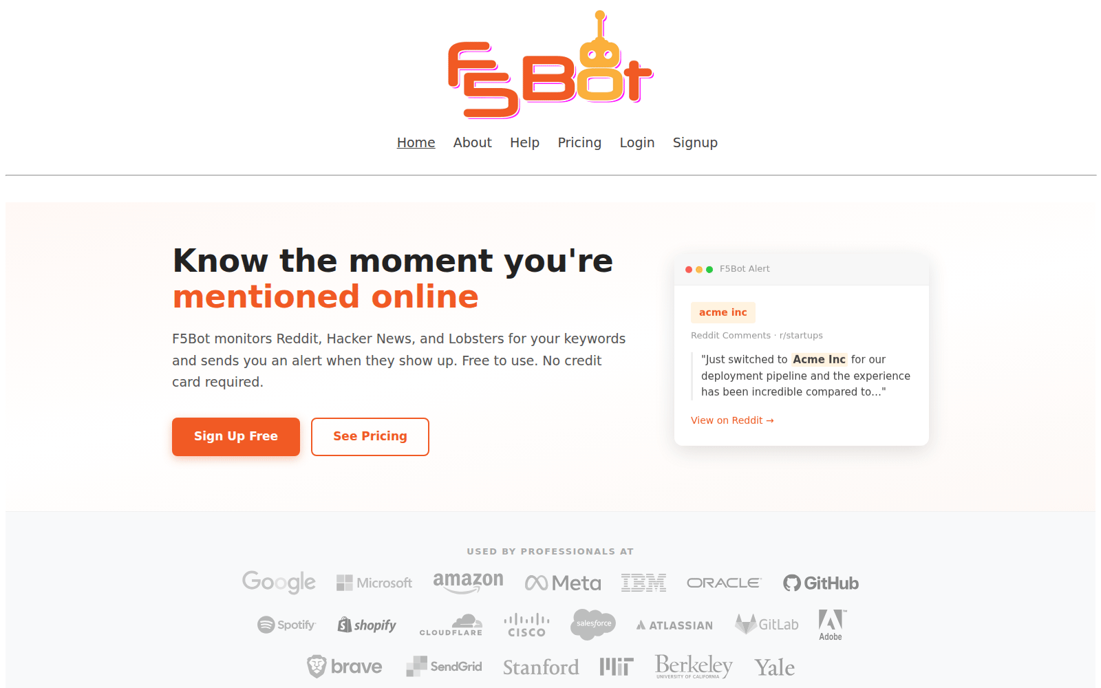 F5Bot homepage: know the moment you're mentioned online