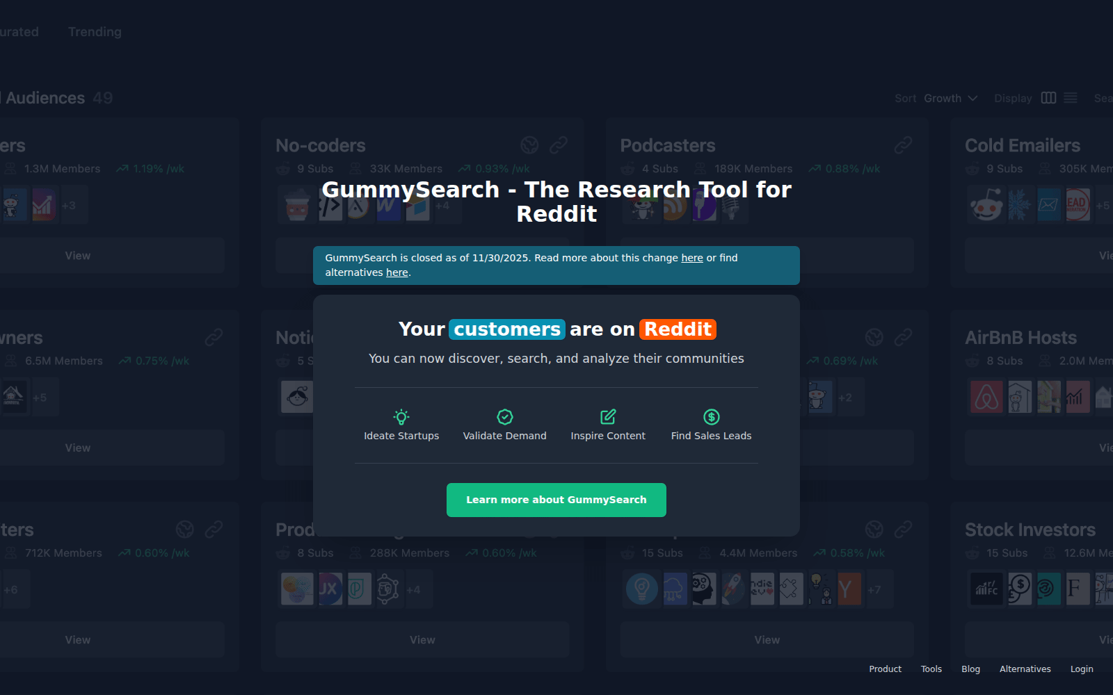 GummySearch homepage with its closure notice