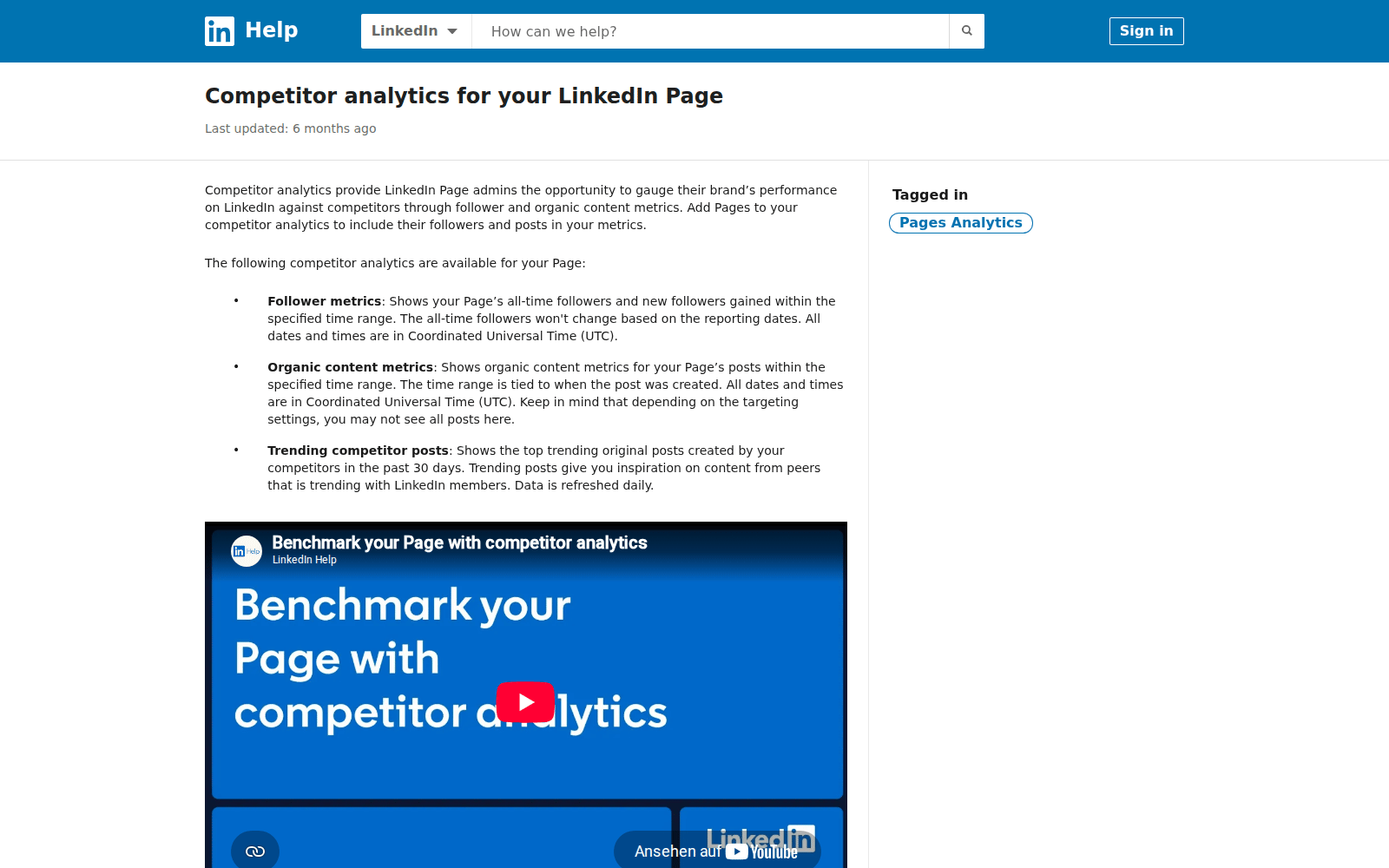 LinkedIn Help article on competitor analytics for a LinkedIn Page