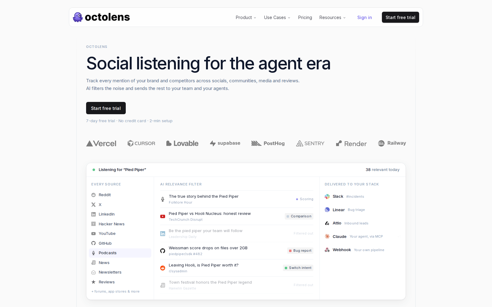 Octolens homepage: social listening for the agent era