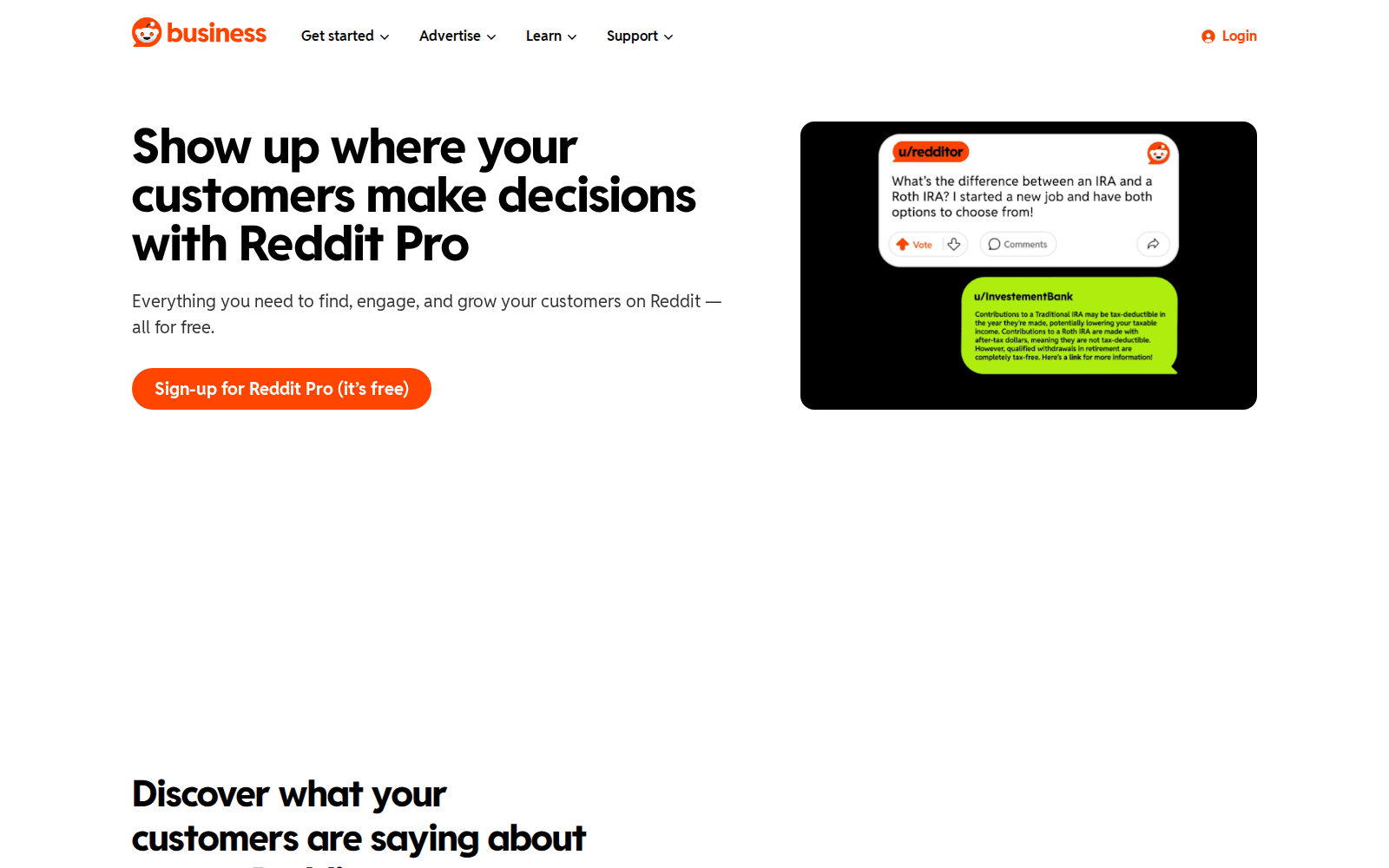 Reddit Pro landing page: show up where your customers make decisions