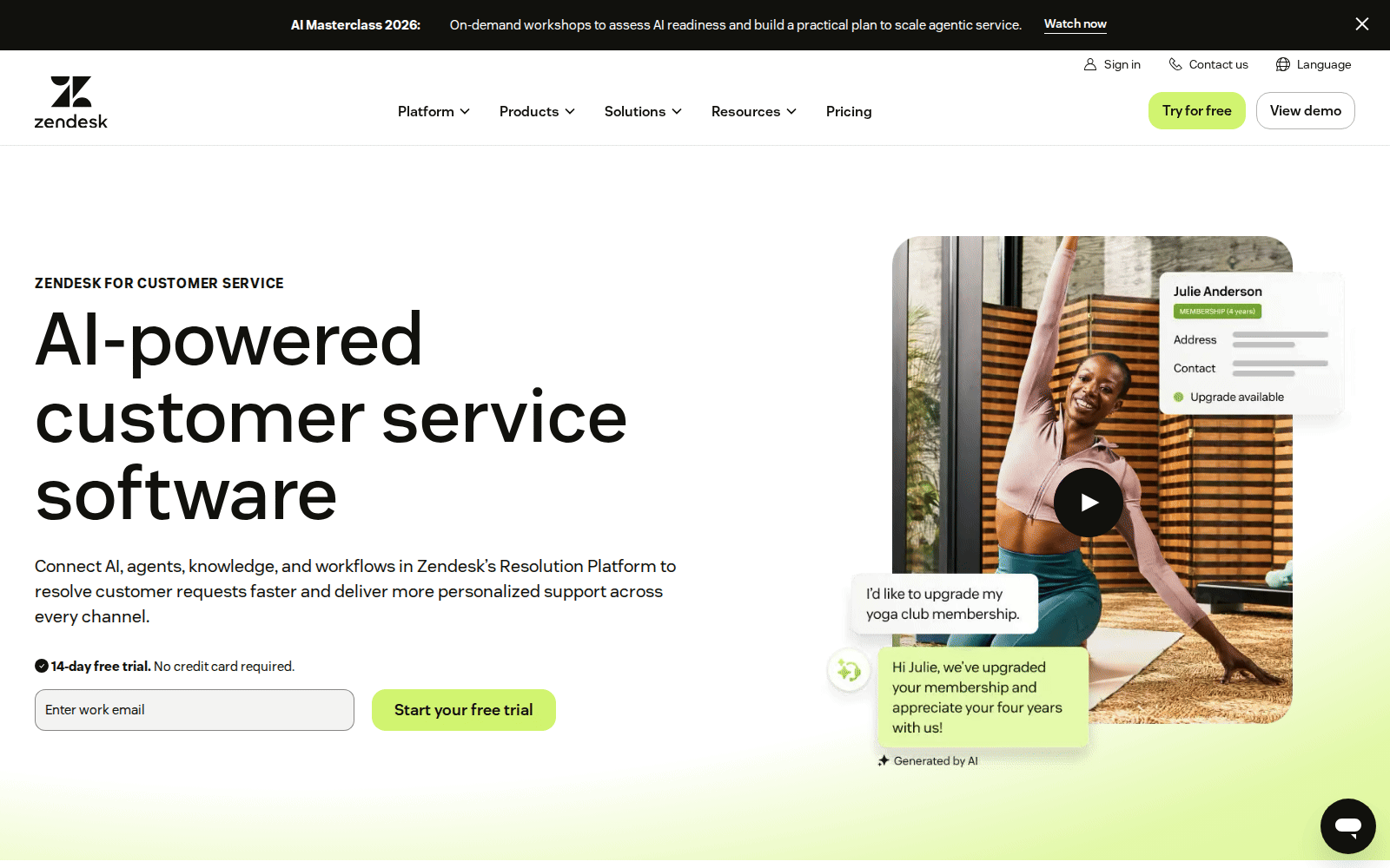 Zendesk for customer service homepage
